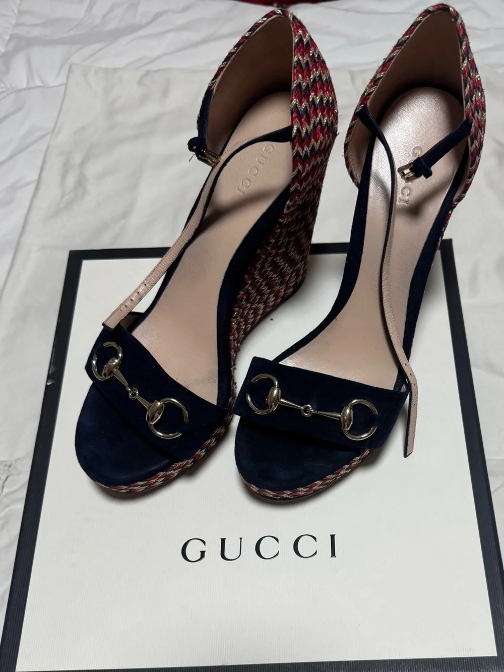 Gucci Navy Suede Horsebit Wedges with Multicolor Woven Sides